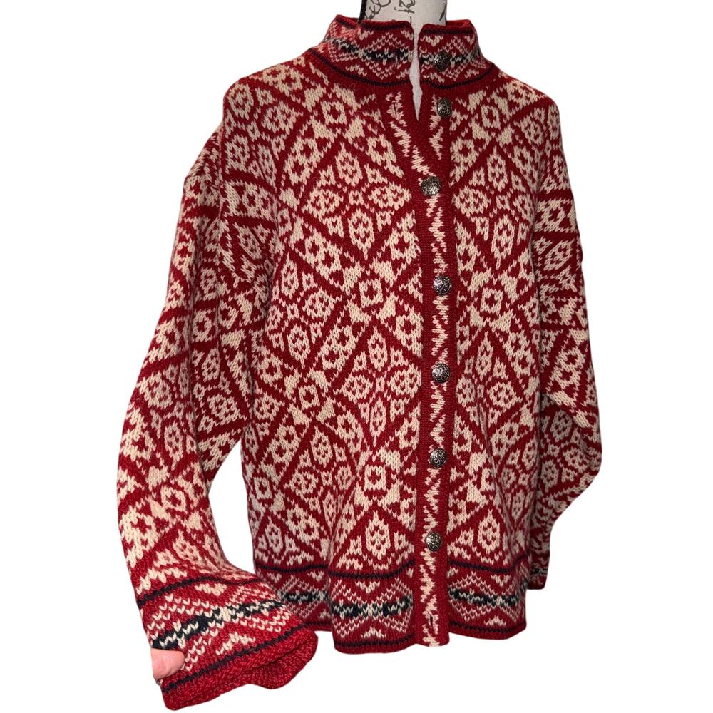 Vintage LL Bean Fair Isle Wool Cardigan USA Made Red 80s 90s Sweater M Old Money